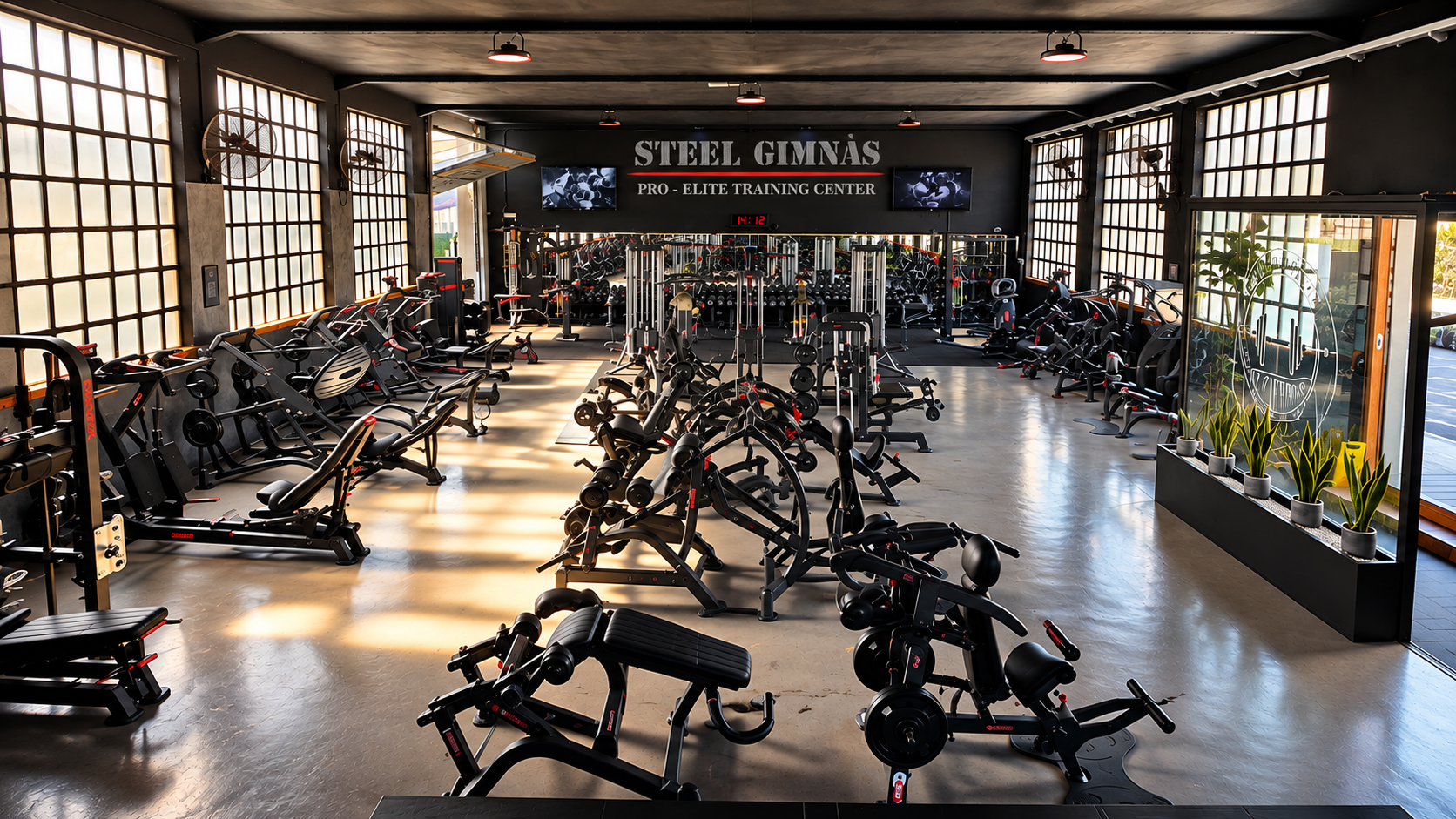 Vista panorámica real de la sala de entrenamiento de Steel